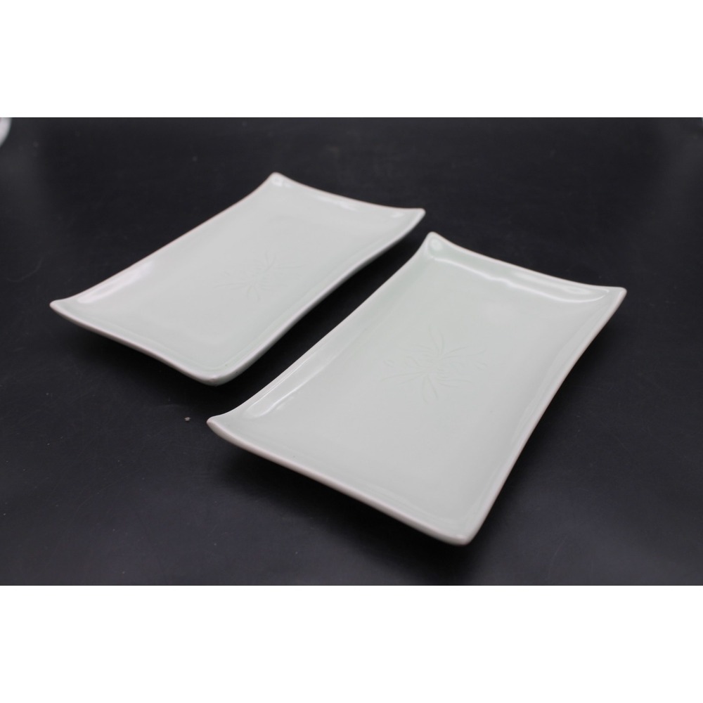 Set of 2 Celadon Style Sushi Serving Plates Jade Green Rectangle Porcelain Trays